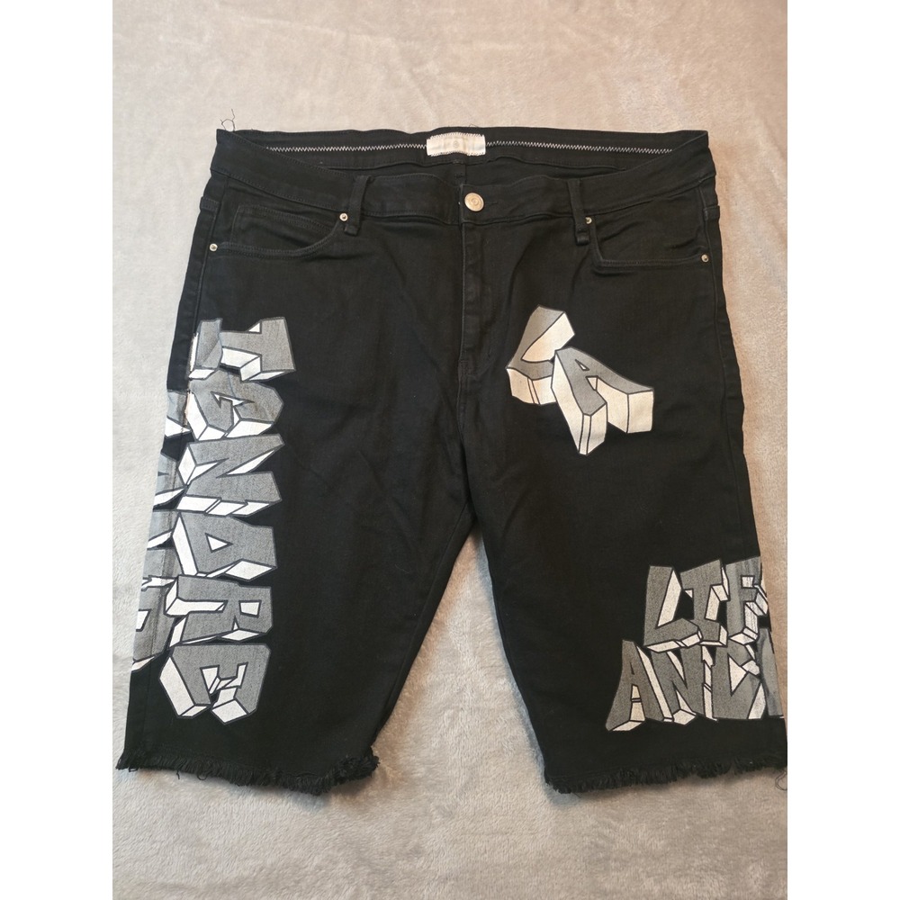 Lifted Anchors LA Graphic Denim Shorts Mens XL Black Cutoff Raw Hem Streetwear